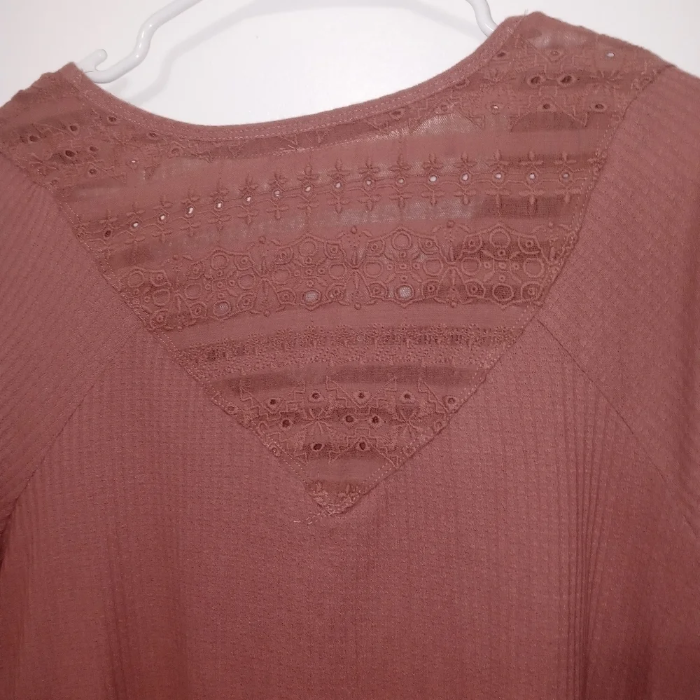 Free People Parisian Nights Dusty rose pink ribbed V Neck Bell Sleeve Blouse